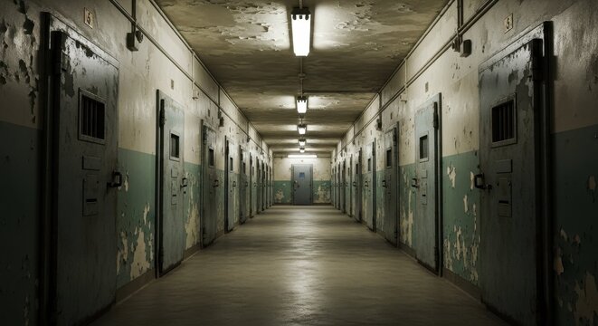 Abandoned prison corridor with cell doors and dim lighting