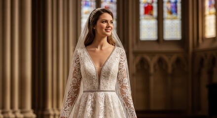 Fototapeta premium Elegant bride smiling in a cathedral setting with stained glass windows