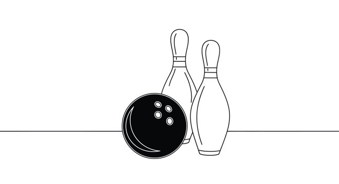 A minimalist line drawing depicts a black bowling ball and three white pins suggesting a bowling game