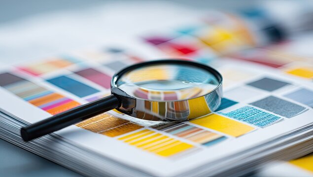 Magnifying glass over color swatches and samples book.