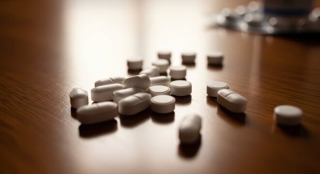 White tablets scattered on wooden table with water bottle background