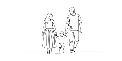 Obraz premium Happy family in continuous line art drawing style. parents with their little kid holding hands and walking together. Vector illustration