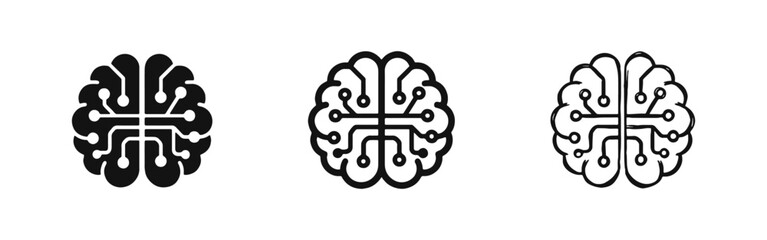 Artificial Intelligence Icon Set - Digital Brain with Circuitry in Glyph, Outline, and Sketch Styles © drawing lines