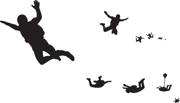Skydiver silhouette collection, extreme sports paragliding and skydiving vector set, jumping parachutist figures for adventure design