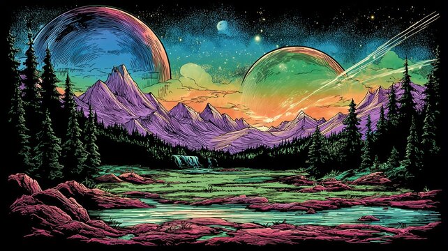 Surreal Cosmic Landscape Featuring Twin Planets Rising Above Majestic Purple Mountains and Tranquil Forest River