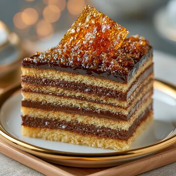 Slice of Dobos torte cake with chocolate layers and caramel topping