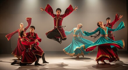 Fototapeta premium Dynamic cultural dance performance with male and female dancers in traditional costumes on stage.