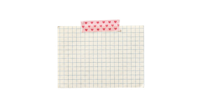 Blank grid paper note attached with pink heart patterned washi tape on a transparent background