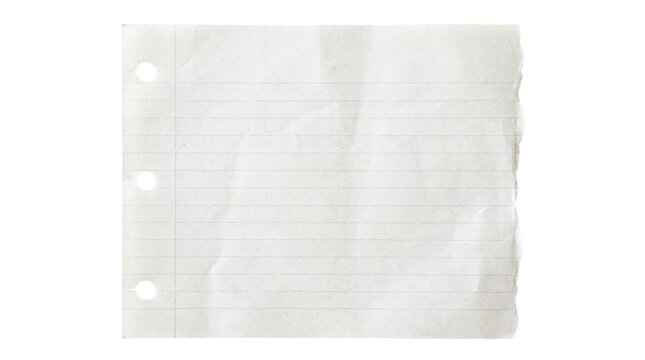 Blank lined notebook paper with three punch holes and torn edge on a transparent background
