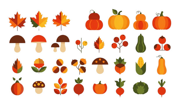 Autumn Bauhaus icon set vector geometric fall leaves pumpkin mushrooms