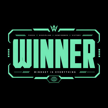 Winner mint green minimalist t-shirt design with bold typography in modular bracket box on black background