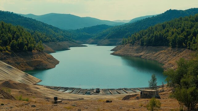 A parched reservoir's exposed basin reveals severe water scarcity amidst a vast, dry landscape under a hazy sky