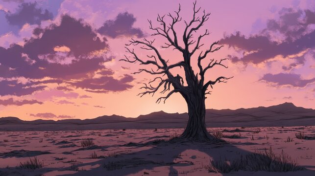A solitary, gnarled ancient tree stands against a vivid sunset in a vast, barren desert landscape, symbolizing drought and resilience.