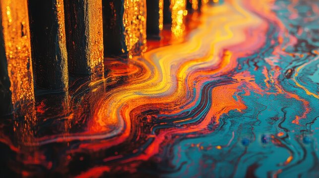 Abstract oil slick patterns creating vibrant iridescent swirls on dark polluted water surface with reflections