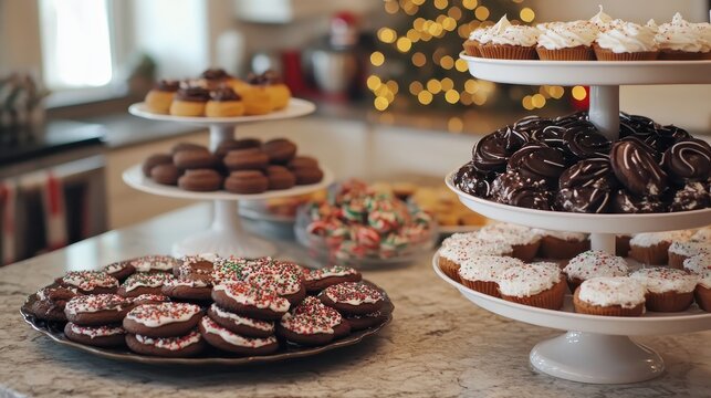 Abundant Holiday Baking Delights, Featuring Festive Cookies and Donuts Arranged on a Kitchen Countertop with Bokeh Lights in the Background.