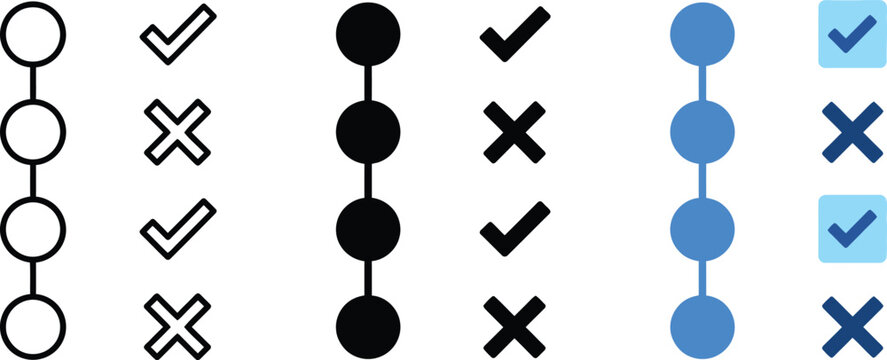 Task checklist icon with check and cross marks showing completed and pending tasks. Suitable for to do lists, workflow control, task management, planning, productivity systems and business operations.