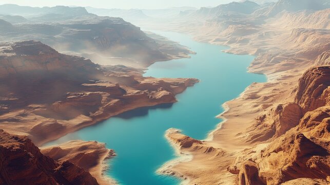 Arid Canyon Landscape with Contrasting Blue River Reflecting Extreme Water Scarcity and Drought Conditions