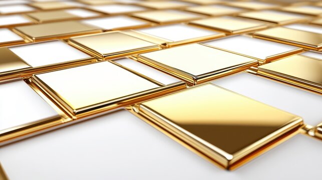 Array of Golden Squares on Reflective Surface Showing Investment and Luxury