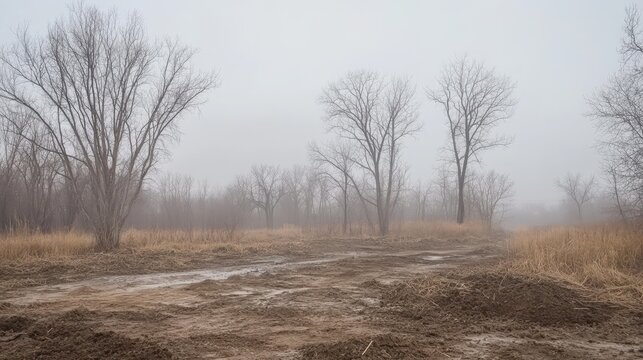 Barren, contaminated rural land under an overcast sky, showing hazardous spills and muted tones