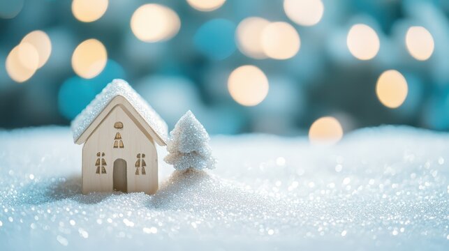 Charming miniature winter house with frosted tree and sparkling snow, set against a soft bokeh background, invoking holiday warmth and festive spirit
