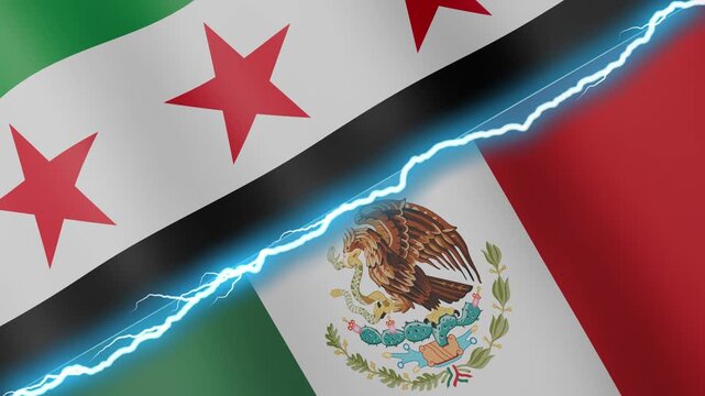 Two waving flags Syria and Mexico with diagonal lightning seamless, 4k loop
