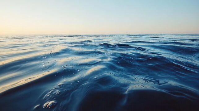 Calm blue ocean surface with gentle waves reflecting soft light, capturing the serene vastness of the sea at the horizon.