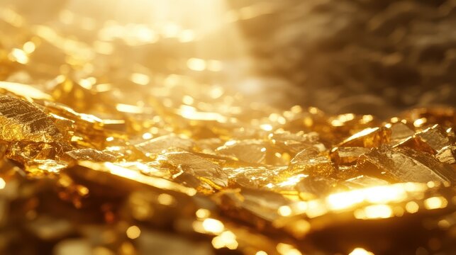 Captivating close-up of gleaming gold shards illuminated by bright light, representing financial wealth and investment opportunities
