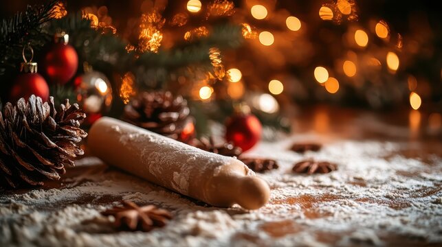 Christmas Baking Preparation with a Rolling Pin and Dough on a Floured Surface with Festive Lights
