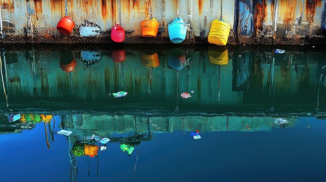 Colorful plastic waste floats near boats in a marina with reflections in the water