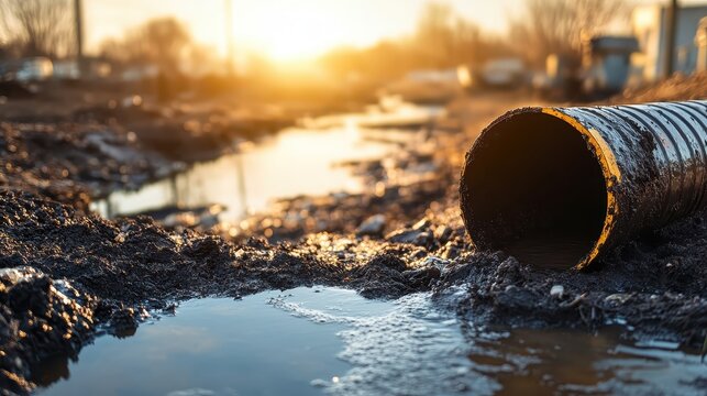 Contaminated stormwater flowing from a suburban drainpipe into a river at sunset, highlighting environmental pollution concerns.
