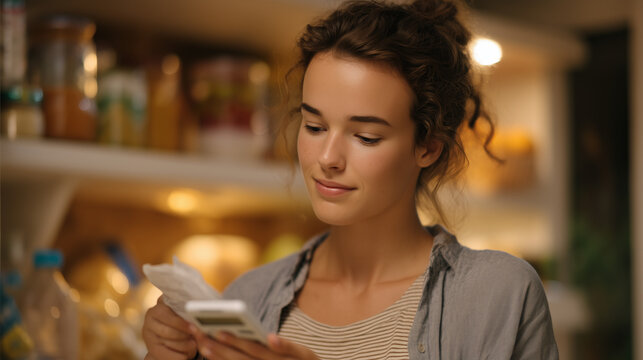 Young woman arranging dollar store groceries in bare refrigerator, comparing receipt total to phone calculator, candid kitchen moment, inflation grocery budget, food insecurity edge, paycheck to pay