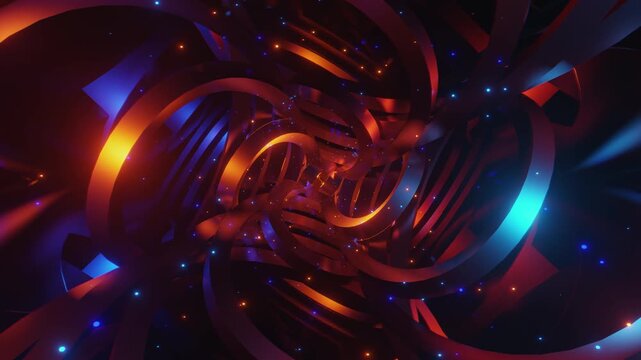 A high-energy seamless VJ loop featuring an infinite journey through a futuristic mechanical tunnel with rotating metallic rings, glowing golden sparks, and blue and orange light streaks