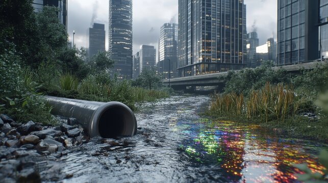 Contaminated water flows from a large drainage pipe into a polluted urban river reflecting city lights