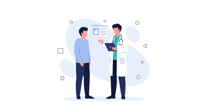 Doctor consulting patient with medical report on tablet, healthcare concept