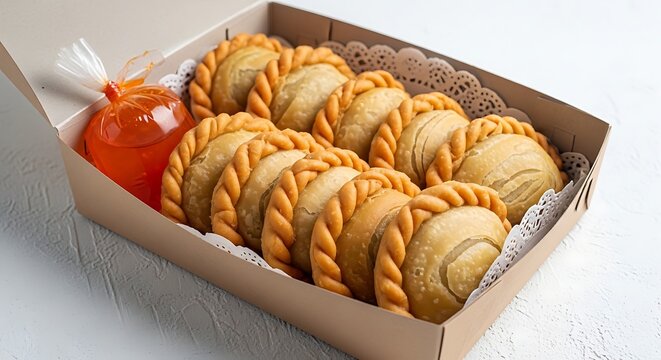 Sepuluh pastel goreng renyah dengan saus cabai dalam kotak