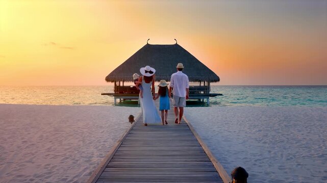 A happy holiday family walks down a wooden pier  in the Maldives islands, Indian Ocean, during a colourful sunset