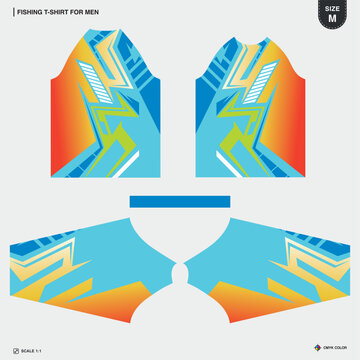 Mens Raglan Fishing T-Shirt Sublimation Jersey Print Template Blue Orange Dynamic Geometric Pattern