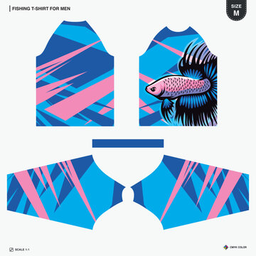 Mens Raglan Fishing T-Shirt Sublimation Jersey Print Template Pink Blue Abstract Wavy Pattern Fish Illustration