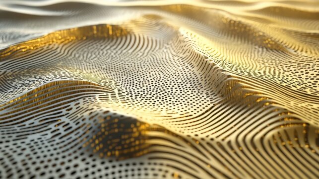 Intricate Gold Surface with Abstract Wavy Patterns and Pointillist Details, Reflecting Luxurious Light