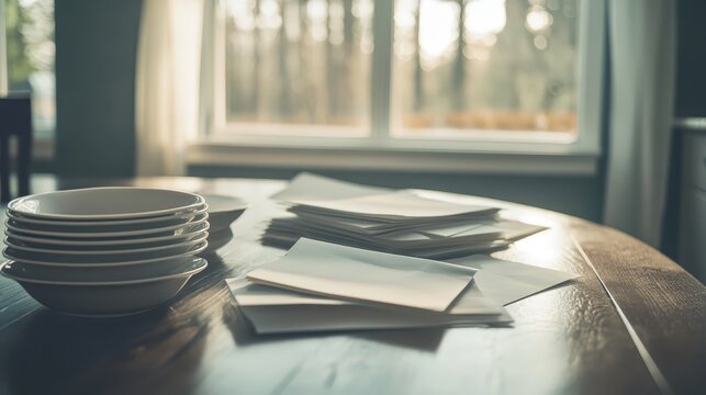 A stack of white paper envelopes rests on a wooden table, catching soft natural daylight filtering through a window