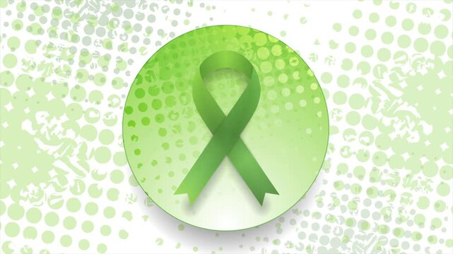Green awareness ribbon symbol for mental health, lymphoma, or liver cancer awareness on halftone abstract background. Healthcare motion design. Seamless loop. Video animation Ultra HD 4K 3840x2160
