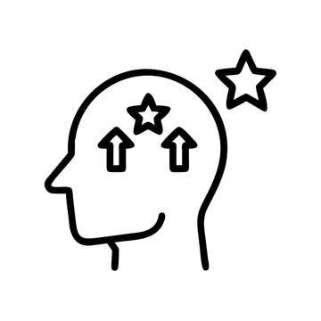 Head with thinking process arrow and star icons vector outline graphic.