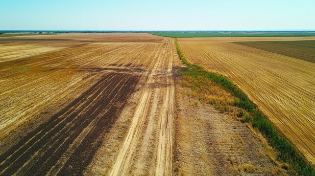 Vast dry agricultural field exhibiting harsh sunlight and visible signs of water scarcity and drought impacting the arable land.