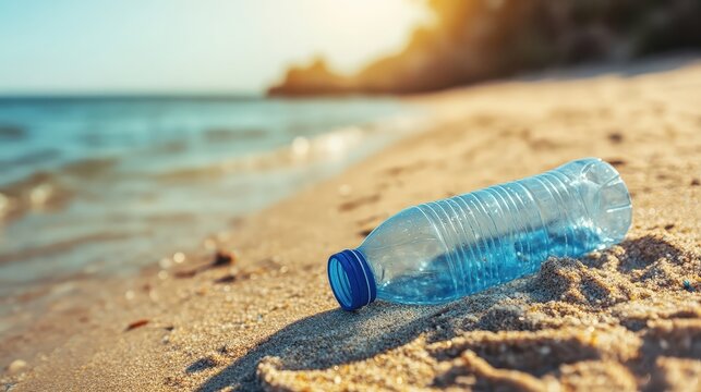 Plastic bottle littering a sunny beach with harsh sunlight illuminating the sandy shore and ocean waves