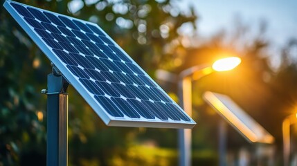 Obraz premium Solar powered street light illuminated by sunlight with a visible renewable energy panel in an urban setting