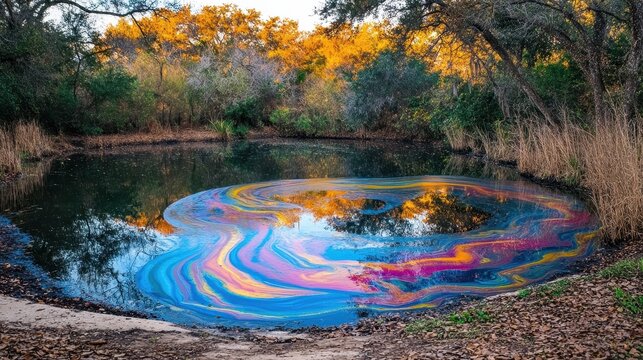 Vibrant toxic algae bloom creates colorful swirling patterns on a small pond surface surrounded by forest in autumn