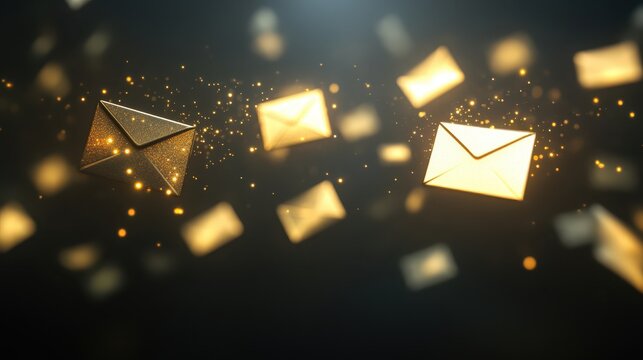 Golden digital email envelopes glowing amidst sparkling particles against a dark background