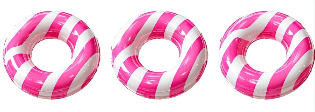 Three pink and white striped inflatable pool floats on a white background