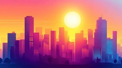 Fototapeta premium Vibrant Sunset Over a Hazy Urban Cityscape with a Colorful Skyline