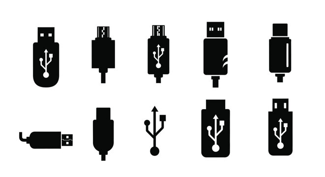 Various usb connector types displayed in a black silhouette high quality